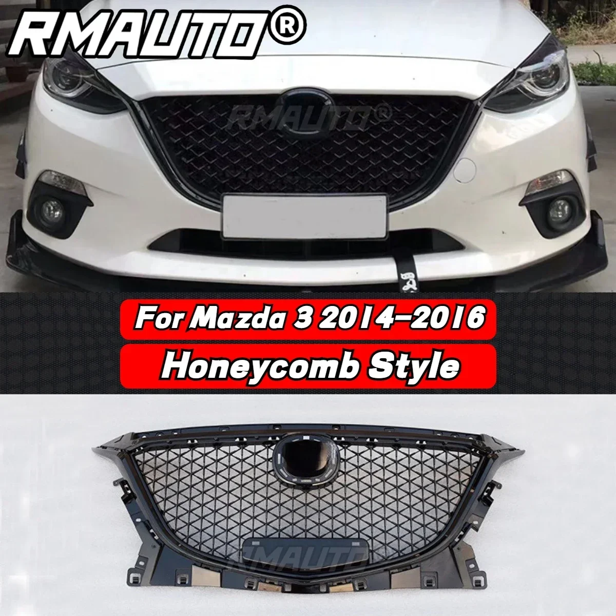 RMAUTO Car Front Grille Racing Grill Honeycomb Diamond Style Mesh Grid Body Kit For Mazda 3 Axela 2014-2022 Modification Part