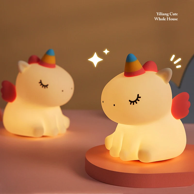 Luz nocturna de silicona con forma de unicornio para niños, lámpara táctil creativa con carga USB, decoración de dormitorio de dibujos animados,