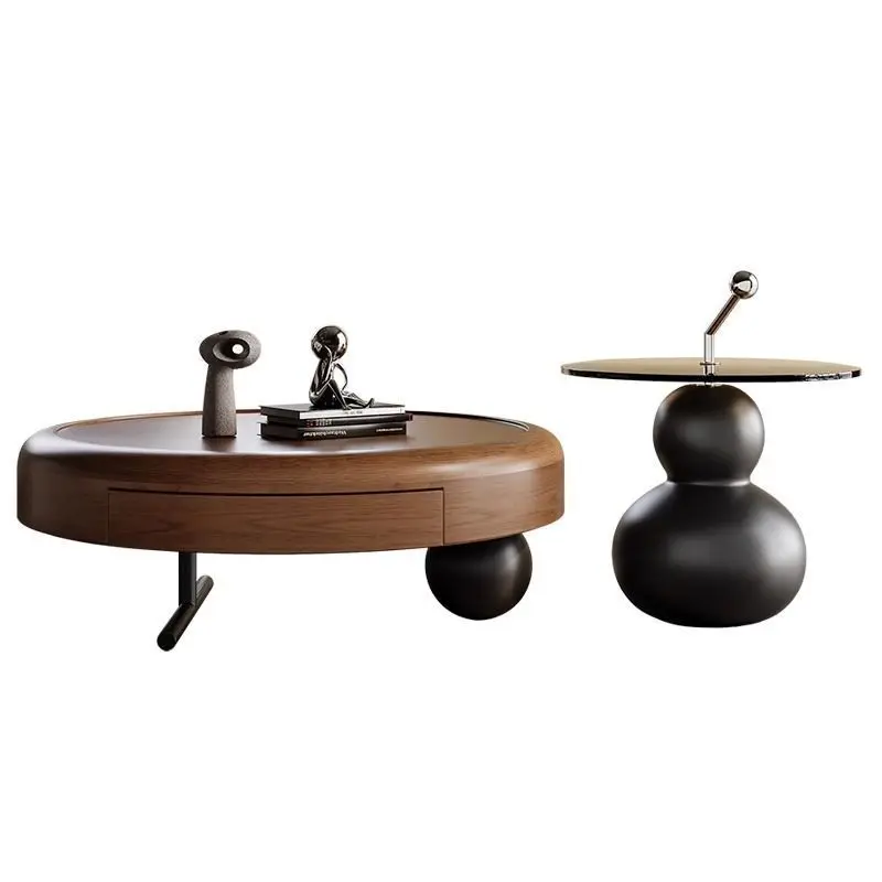 French cream style coffee table, small apartment living room for home use, creative walnut color, size round combination