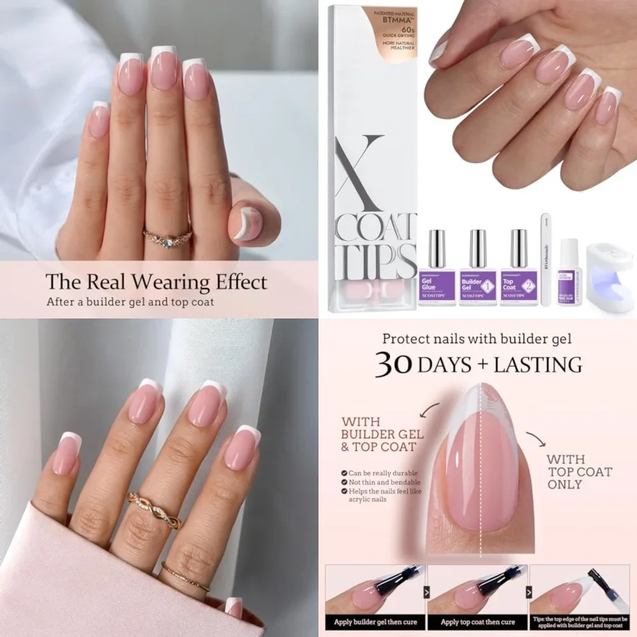 Kit de Uñas de Gel XCOATTIPS - Kit de Uñas Postizas Cortas Cuadradas con Punta Francesa, Puntas de Uñas de Gel Suave Rosa con Gel para Uñas, Duo Protector Francés