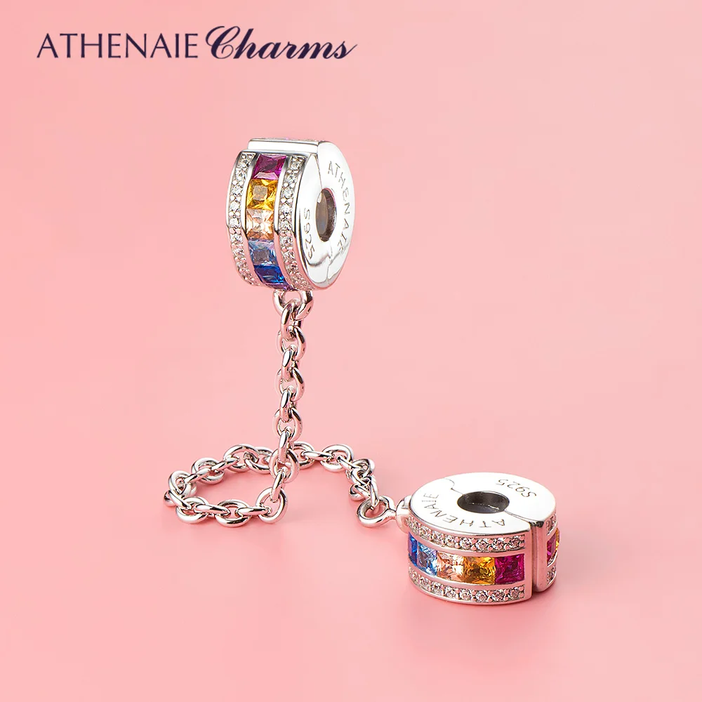 ATHENAIE 925 Sterling Silver Safety Chain with Colorful CZ Stones Stopper Charms Fit European Bracelets for Women Jewelry