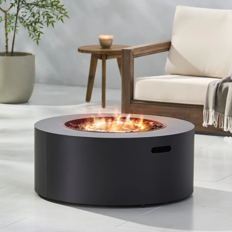 

Patio fire pit: round iron, dark grey, 40000 BTU propane heating for outdoor use