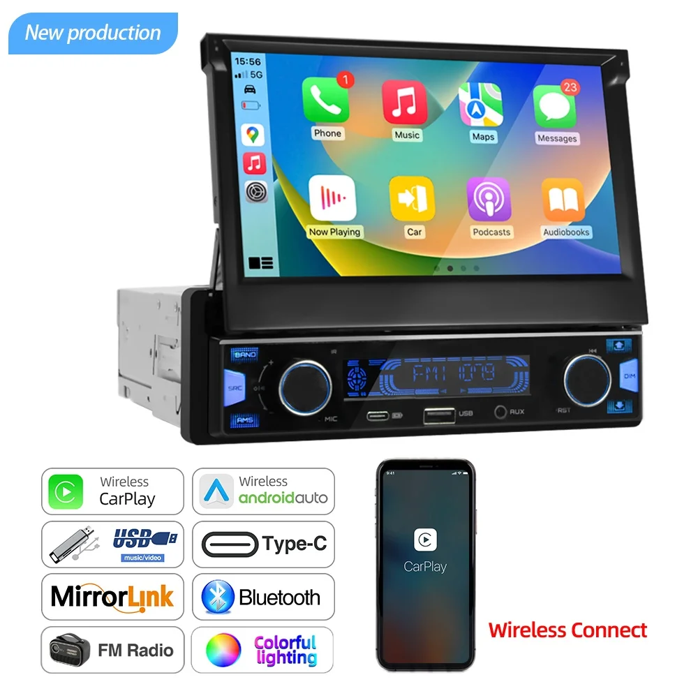 1DIN 7 inch MP5 autoradio speler FM AM RDS automatisch intrekbaar IPS touchscreen draadloze CarPlay Android Auto autoradio GPS