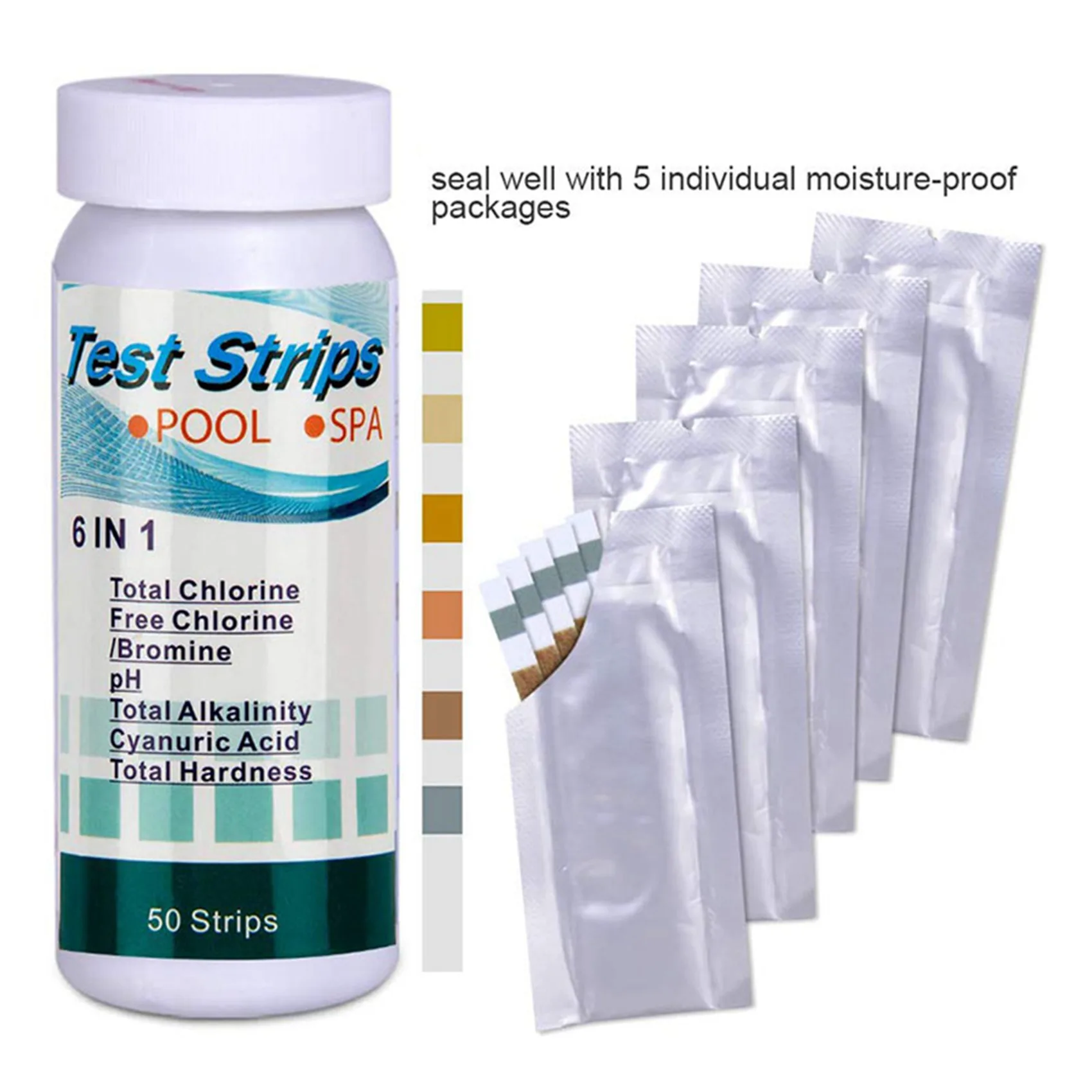 Hot Sale-100Pcs 6-In-1 Swimming Pool PH Test Paper Residual Chlorine PH Value Alkalinity Hardness Test Strip PH Tester
