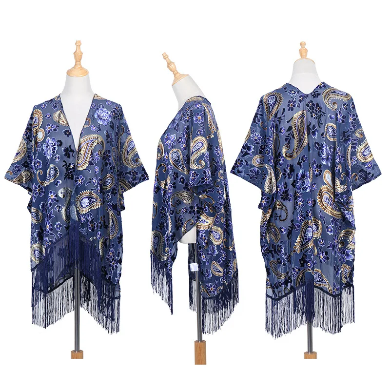 Bohemian Shawl Burnout Velvet Kimono Long Cardigan with Beach Coverup Luxury Holiday Cardigan Shawl