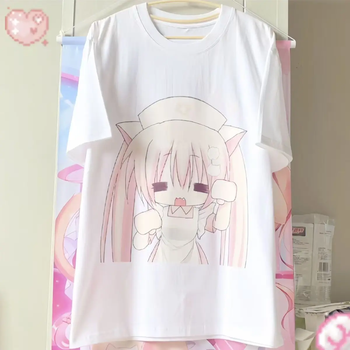 Harajuku Pink Hair Cat Ear Nurse Girl Graphic Tee Unisex Oversized Y2K Short Sleeve Women Cotton Casual Loose Streetwear T‑Shirt
