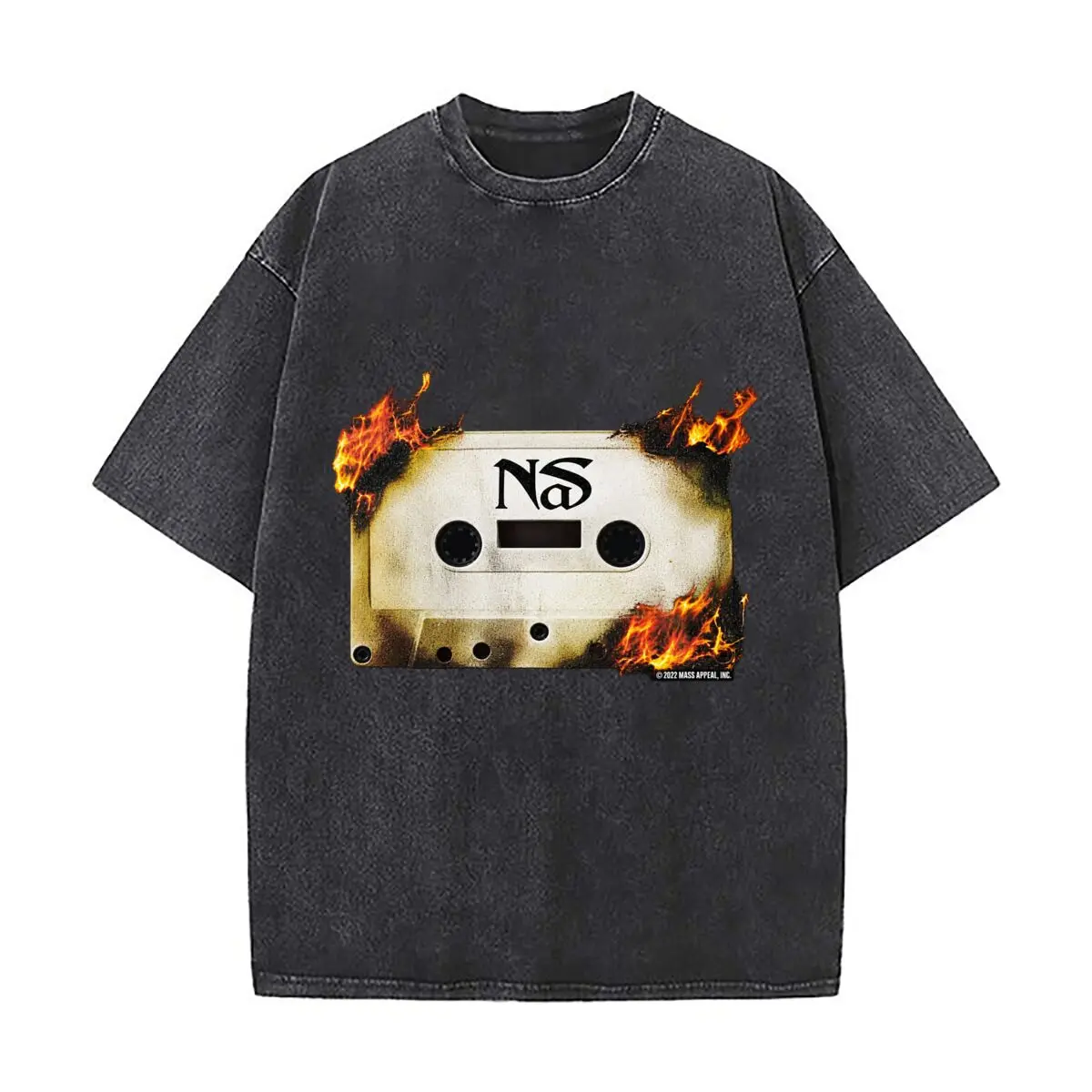 NS Burning Cassette Tape 2022 Mass Appeal Inc Washed Short Sleeve Loose Streetwear Tee Hip Hop