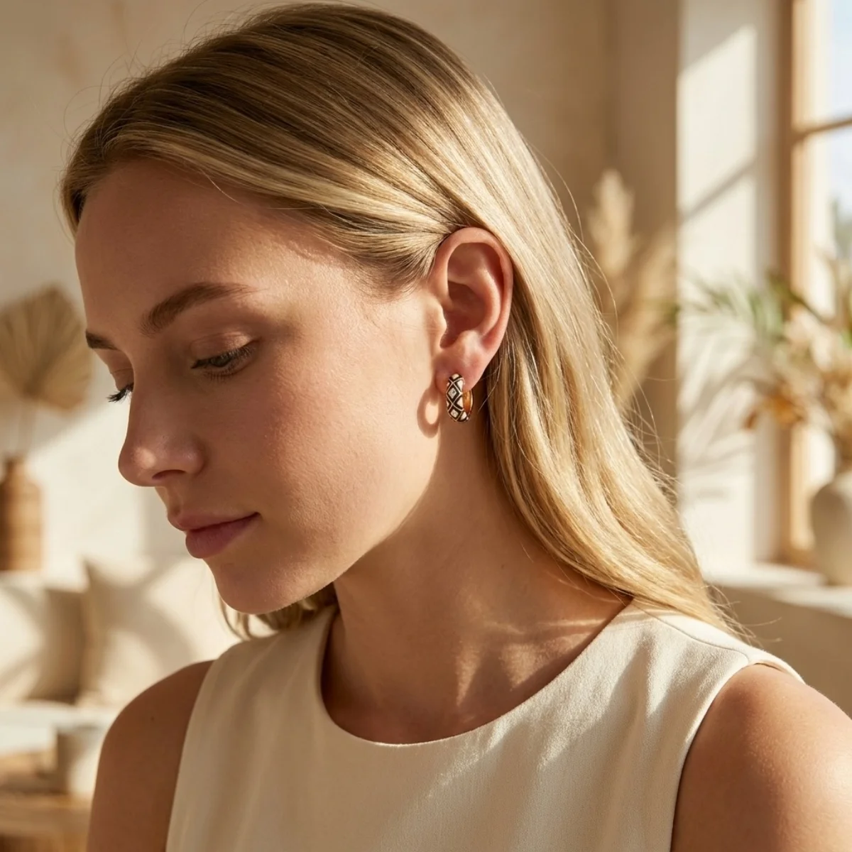 Süße bunte Emaille-Gänseblümchen-Ohrstecker für Damen und Herren, elegante geometrische Creolen mit Gittermuster, Schmuck – Detail 25