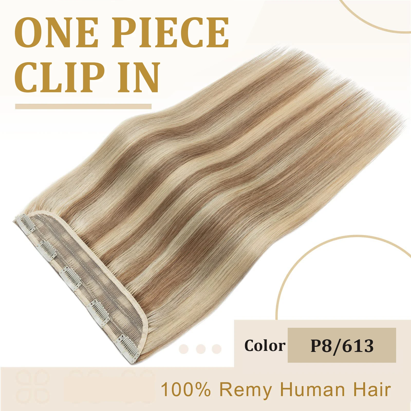 Straight Clip In One Piece Human Hair Extensions For Women Natural Hair Extensions Color #8/613 Hair Extensions with 5 Clips