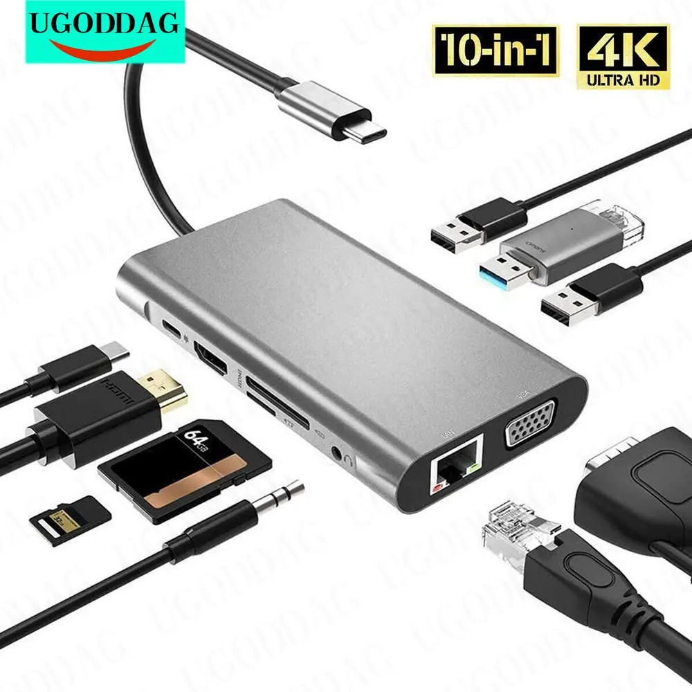 

10 in1 USB C HUB Type-C Splitter SD TF Gigabit Ethernet 4K HDMI-compatible Multiport Adapter Dock Station For Laptop PC Macbook