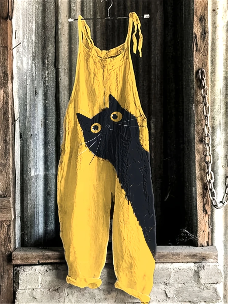 

New Women's Vintage Casual Jumpsuit Loose Comfortable Women's Daily Home Sling Jumpsuit Cat Print Fashion Parent-Child Dress