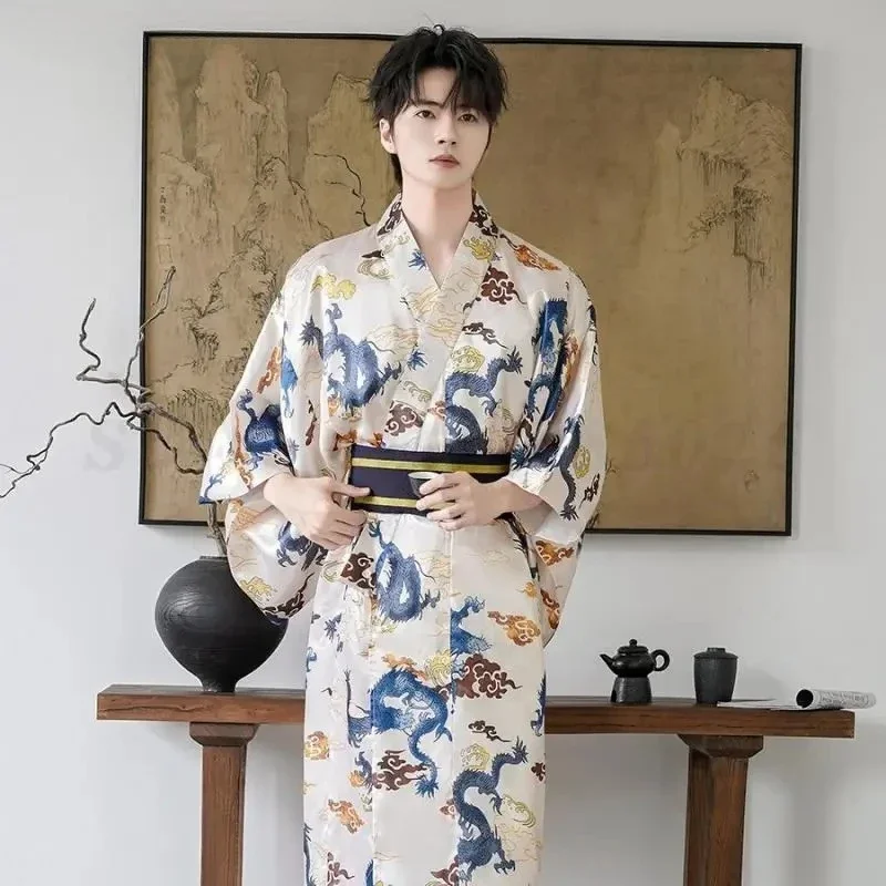 yesMen's Printed Kimonos Japanese Traditional Samurai Kimono for Man Yukata Bath Robe Hekoobi Loose Cardigan Retro Formal Long G