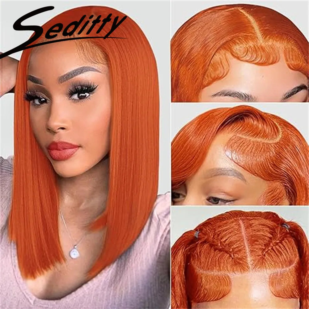 Perruque Bob Lace Front Brésilienne Naturelle Cheveux Lisses, Orange, 13x4, Transparent HD, Pre-Plucked, pour Femme