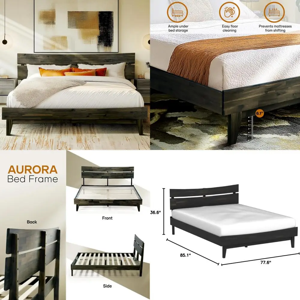 

King Size Acacia Aurora 14 Wood Platform Bed Frame with Headboard in Mocha Finish