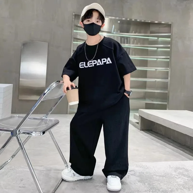 2026 autumn winter boy Teenager Clothes Children Set letters loose t-shirt top + wide leg Pant tracksuit 4 6 8 10 12 14 year