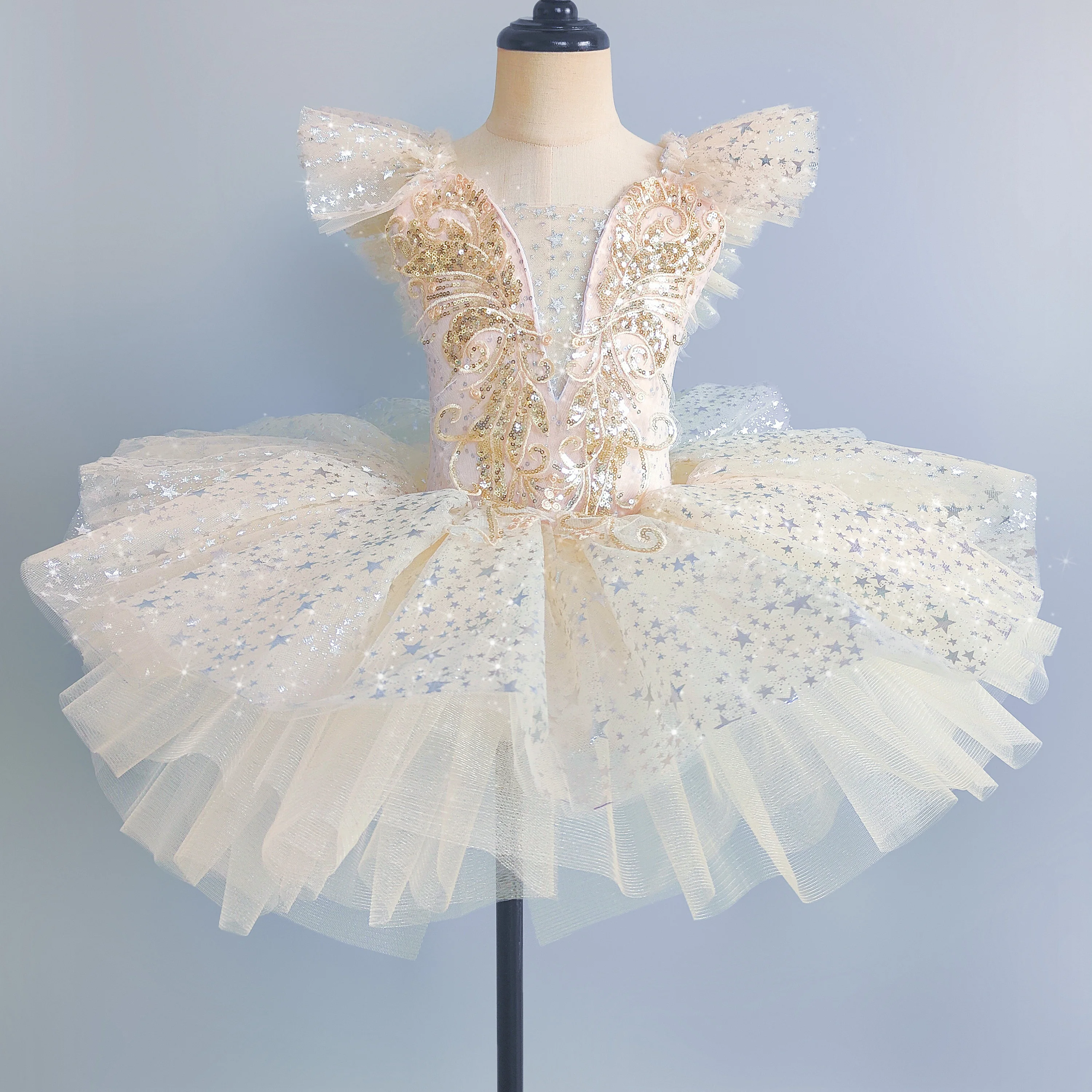 Kids Sequined Ballet Dress Performance Clothes Beige Girls Modern Dance Skirts Gymnastic Children Ballet Tutu Dance Clothes