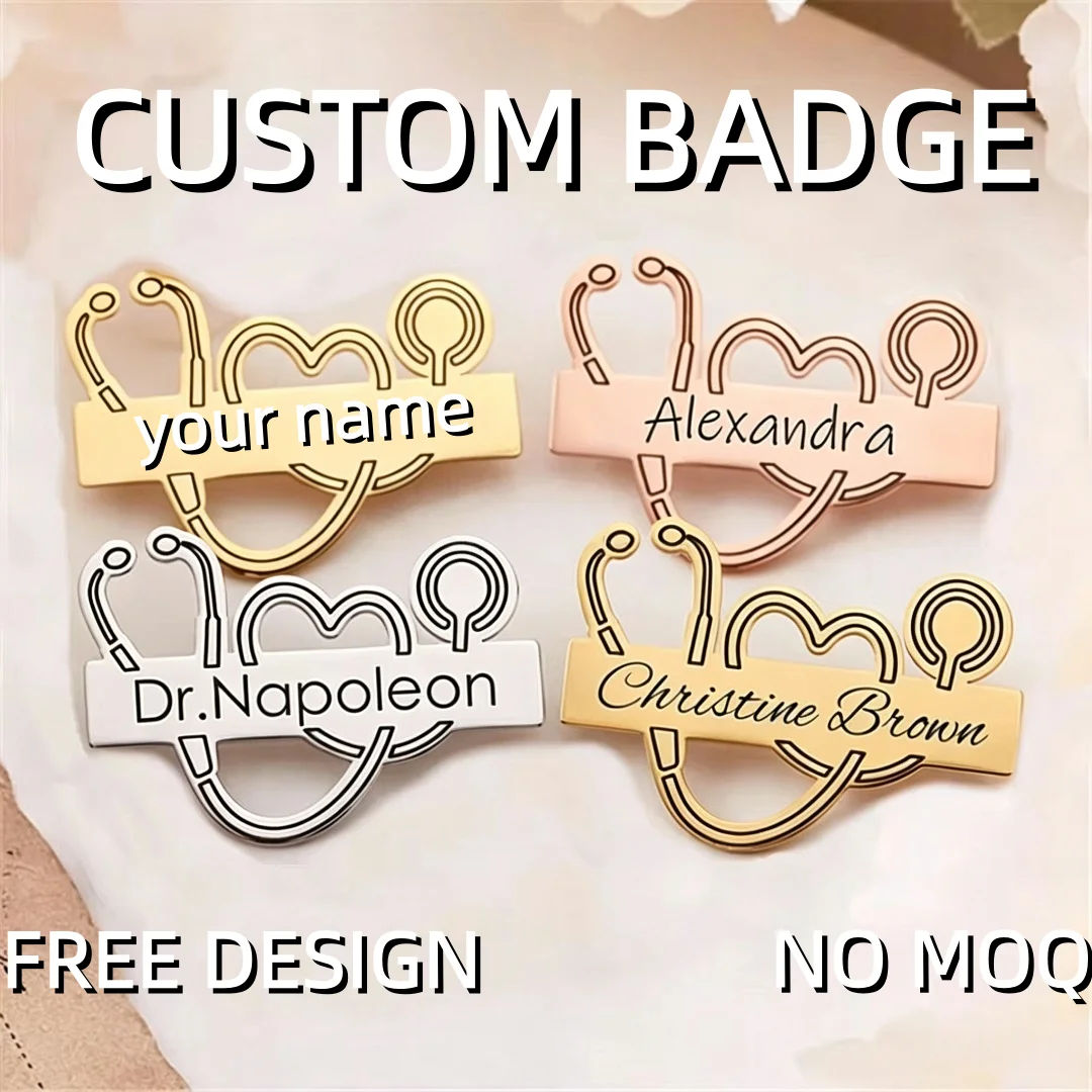 Custom Engraved Stethoscope Name Tag Badge Personalized Logo Lapel Pin Brooch for Nurse Doctor Stainless Steel Nameplate