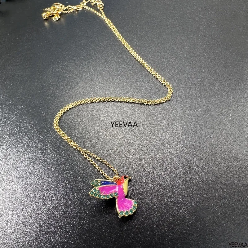 

YEEVAA Colorful Enamel Pink Cubic Zirconia Inlaid Hummingbird Short Necklace&Earrings