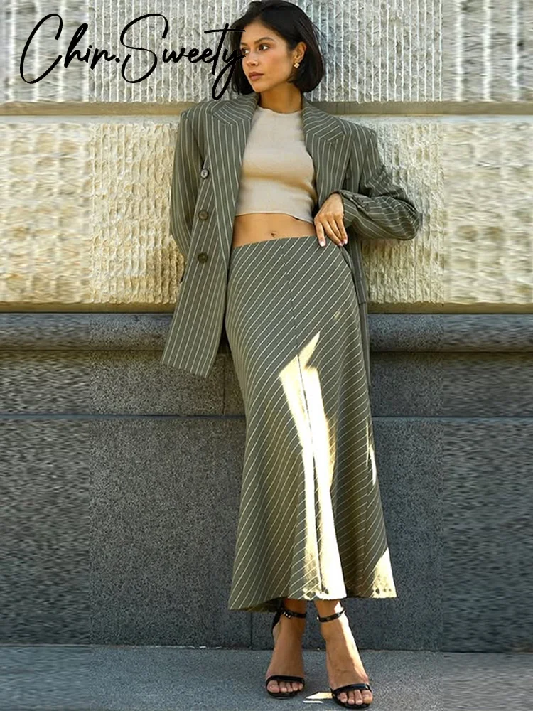 

Повседневный полосатый женский пиджак с юбкой, костюм с лацканами и длинными рукавами на бедрах, женский комплект 2026, весенний шикарный комплект из 2 предметов, женский новый