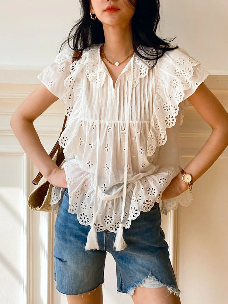 GypsyLady Summer Chic Emboridery Blouse Shirt Cotton Loose Tassels Lace Up Hollow Out Sexy Blouse Holiday Women Casual Tops New