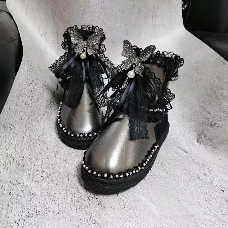 Heavy industry pearl water diamond lace snow boots, comfortable fur integrated thickened women's cotton shoes 35-40