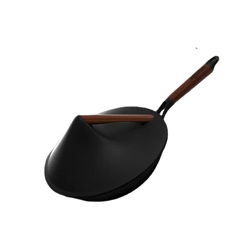 Bamboo Hat Shaped Frying Pan, Pure Wood Handle Iron Wok, Non-stick Scratch Resistant Pan, Household Cooking Fry Pan.