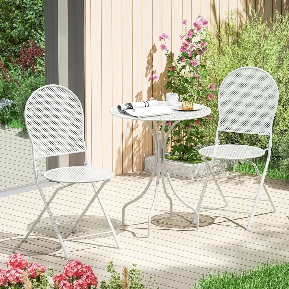 3-Piece Outdoor Patio Bistro Set with Metal Table and 2 Folding Chairs (White)