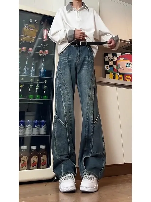 

American Decosition Knife Jeans Men's Autumn Winter Function Trendy Workwear Loose Design Sense Straight Flared Pants