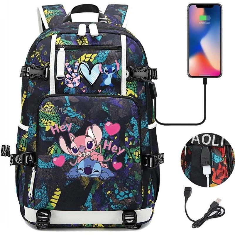 Sacos escolares dos desenhos animados para adolescentes, Mochila Lilo e Stitch, Bookbag preto, Bagpack de viagem camuflagem, Bolsas de ombro USB Laptop