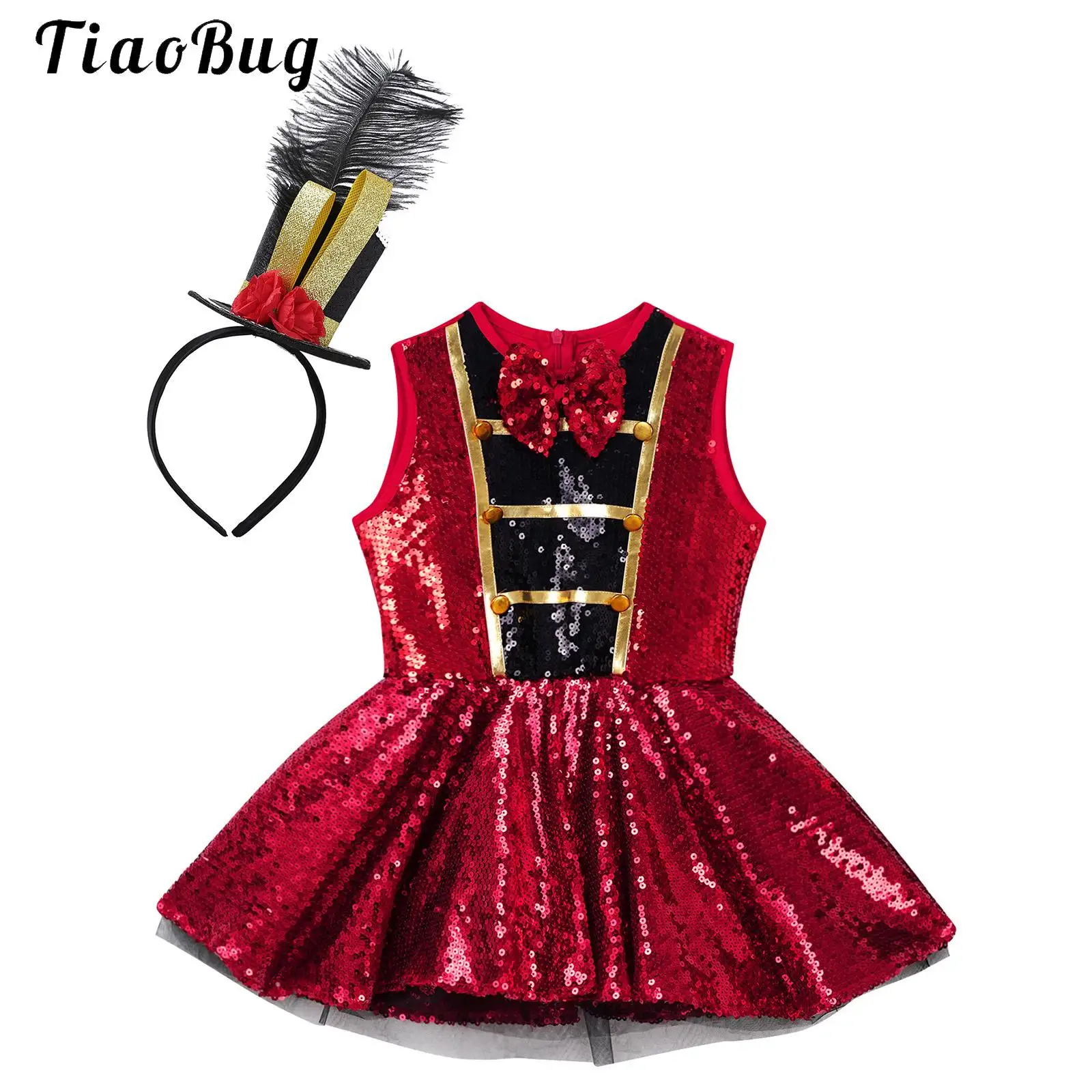 

Kids Girls Circus Ringmaster Costume Shiny Sequin Leotard Tutu Dress Feather Min Top Hat Halloween Drum Marching Cosplay Outfits