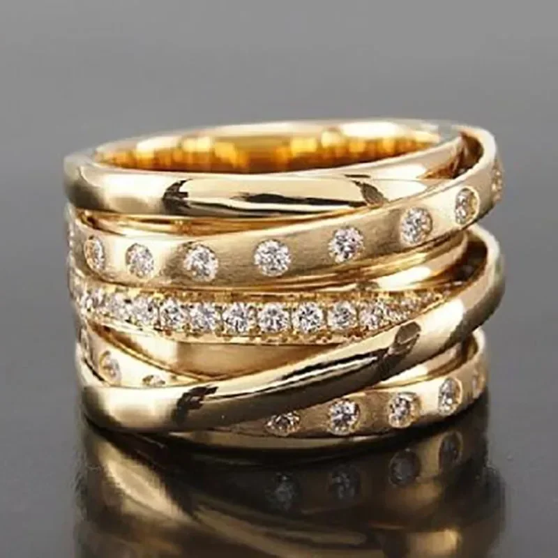 Popular Gold Color Multilayer Winding Inlaid Crystal Rhinestone Zircon Female Metal Ring for Women Party Jewelry Accessories