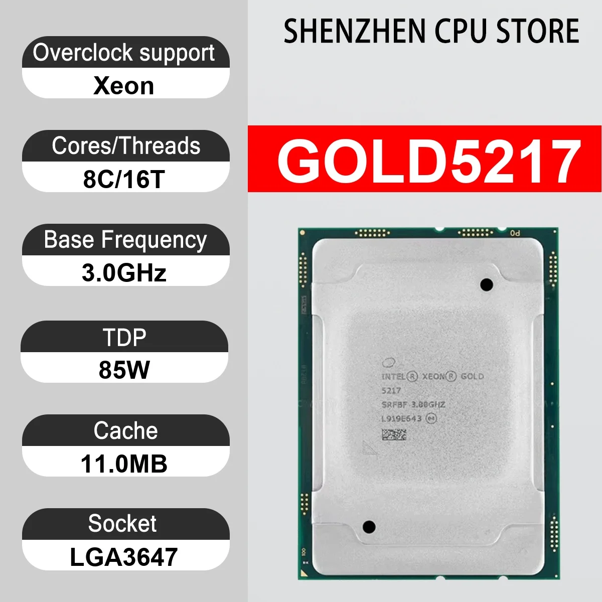 Intel Xeon GOLD5217 8 Core 16 Thread 3.0GHz 85W 11.0MB Cache 14nm Cascade Lake-SP DDR4-2666 MHz SRF94 LGA3647