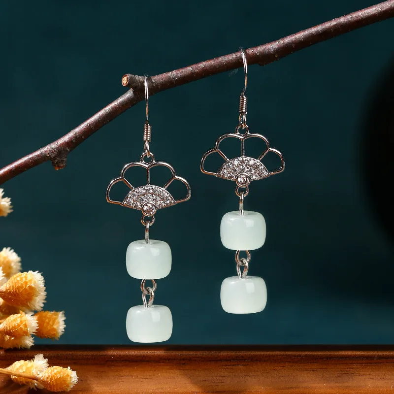 

New Chinese style, retro, elegant, fairy like, fan-shaped jade, minimalist ethnic style, handmade earrings for women