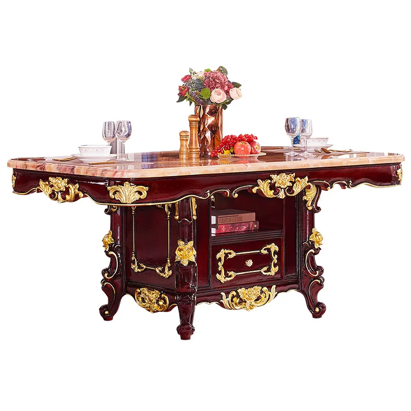 

European French court dining table, marble carved retro craft backrest dining chair combination