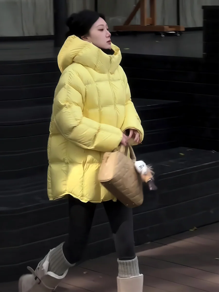 Jaet acolchado Faion de invierno para mujer, abrigo de plumón amarillo ultra cálido, cierre de cremallera largo, corte recto de longitud media
