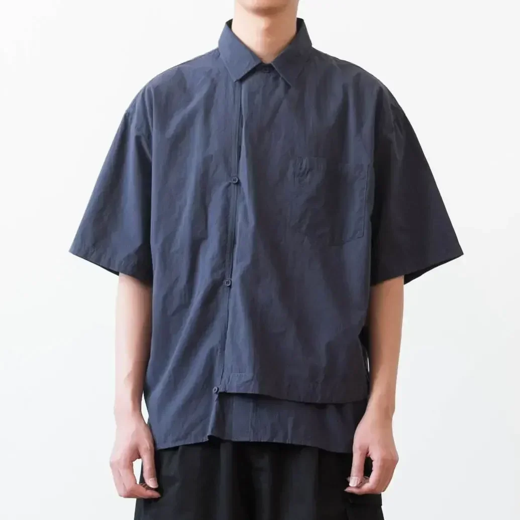 Camisa de Manga Corta con Solapa Creativa Azul Oscuro, Blusa Tradicional Tang para Hombre, Estilo Casual Holgado, Moda de Verano, Tienda China Online
