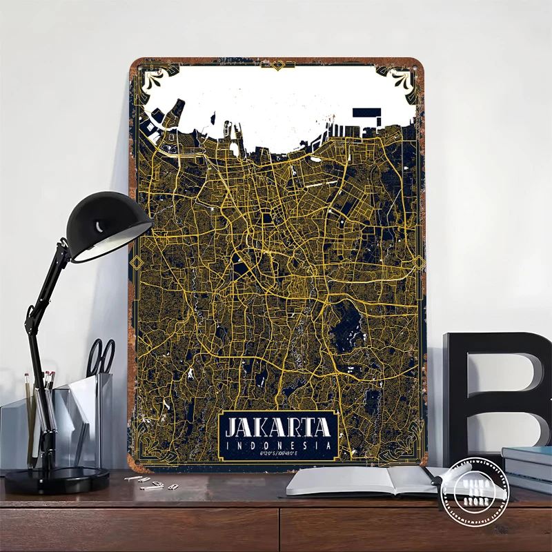 자카르타 도시 지도 아트 데코 포스터 맞춤형 빈티지 금 - Home Decor Jakarta 리뷰 및 가격