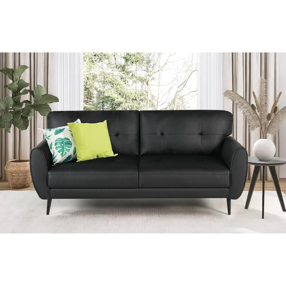 Sofa Couch Loveseat Sofa for Living Room, Mid Century Mini Black Couch, Tufted Leather Love Seat Furniture, Comfy Office