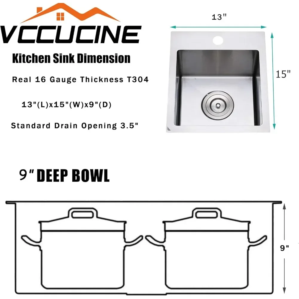 Imagem -04 - Topmount Pequena Pia de Cozinha Artesanal Gota Bar Wet Sink Escovado Níquel Prep rv 13x15 Aço Inoxidável