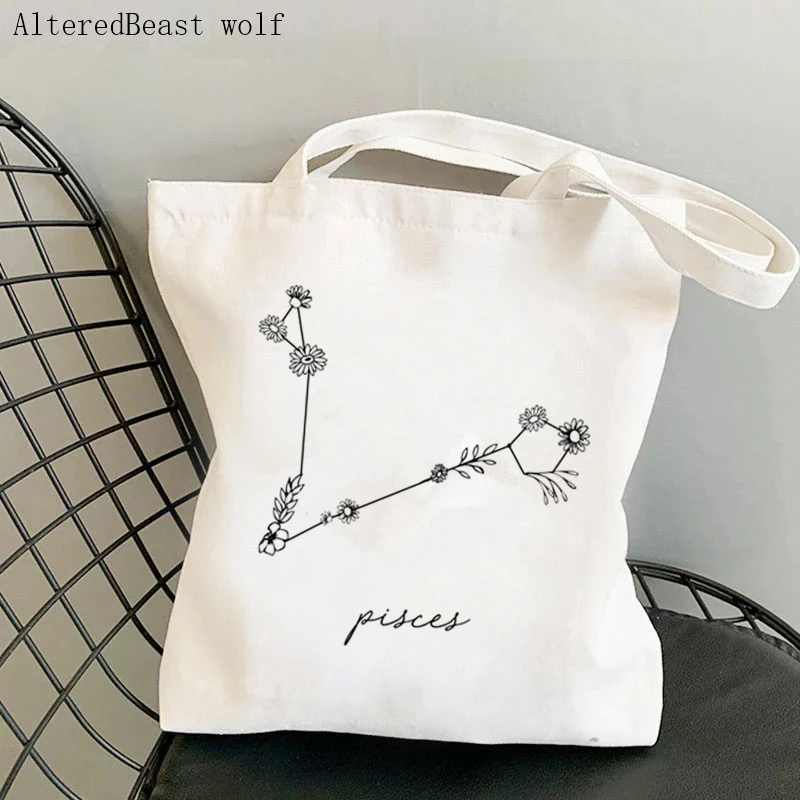 Women Shopper bag Pisces Zodiac Wildflower Bag Harajuku Shopping Canvas Shopper Bag girl handbag Tote Shoulder Lady Bag