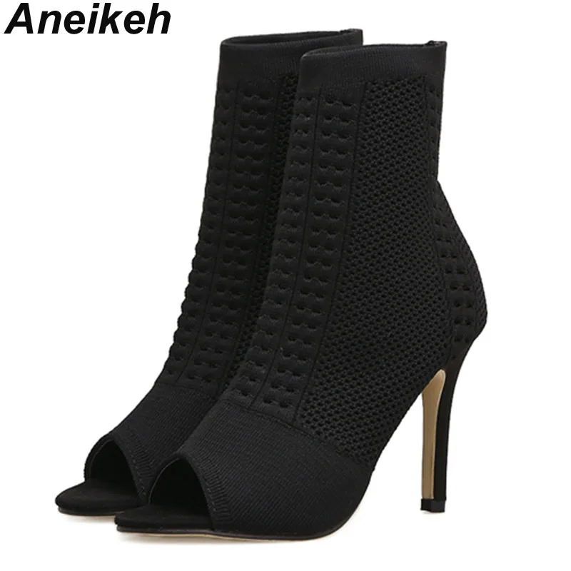 Aneikeh 7cm High Heels Ankle Boots Women Peep Toe Knitted Stretch Fabric Booties Sexy Cut-Out Stilettos Pole Dancing Pumps Shoe