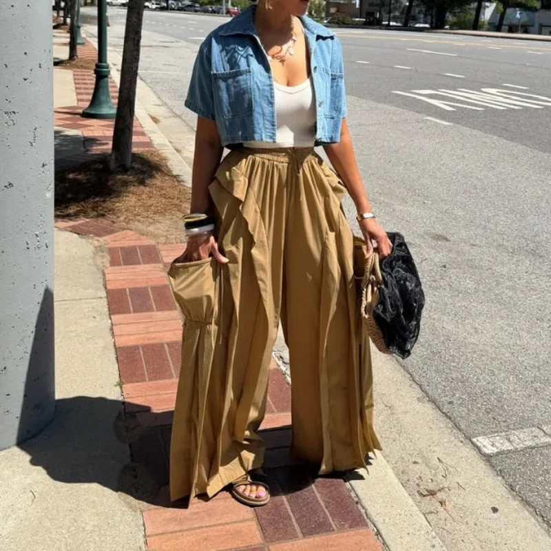

GUWU Casual Loose Fit Wide Leg Pants for Women, Lace Trim Patchwork Design with Cargo Side Pockets Daily Wear Long Trouser