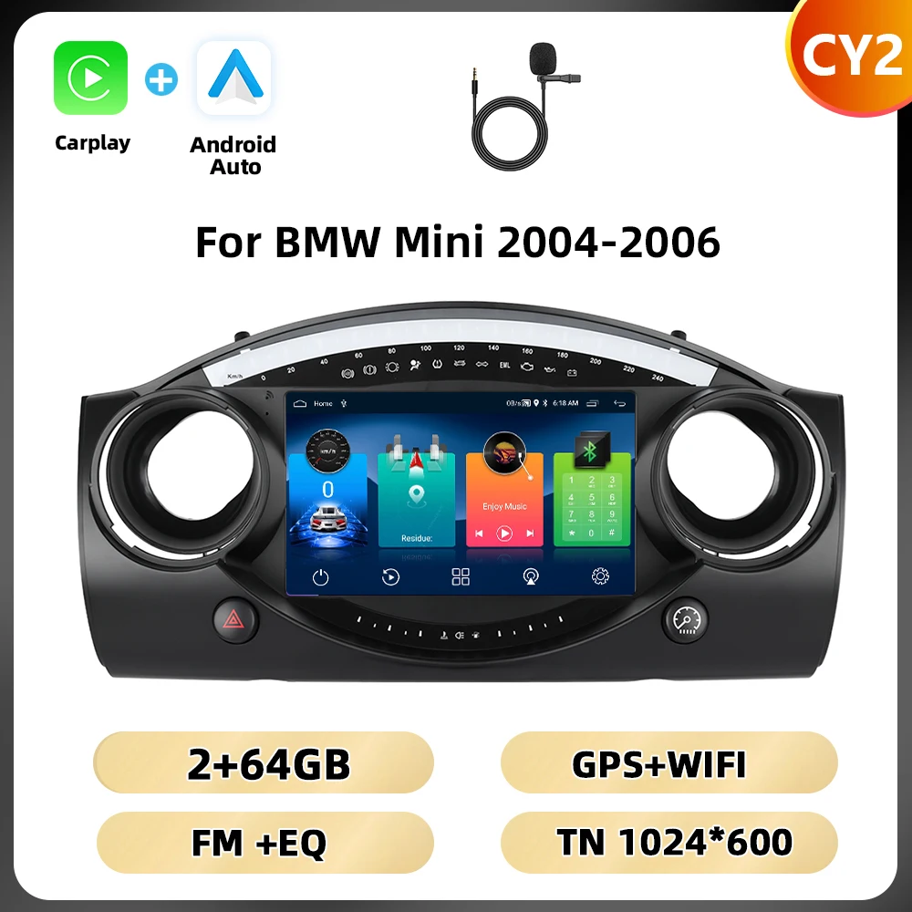 Podofo 8+128G 8-core autoradio voor BMW Mini 2004-2006 multimediaspeler Android Auto Carplay WIFI 4G Qualcomm AI spraakbesturing auto-audio - afbeelding 1