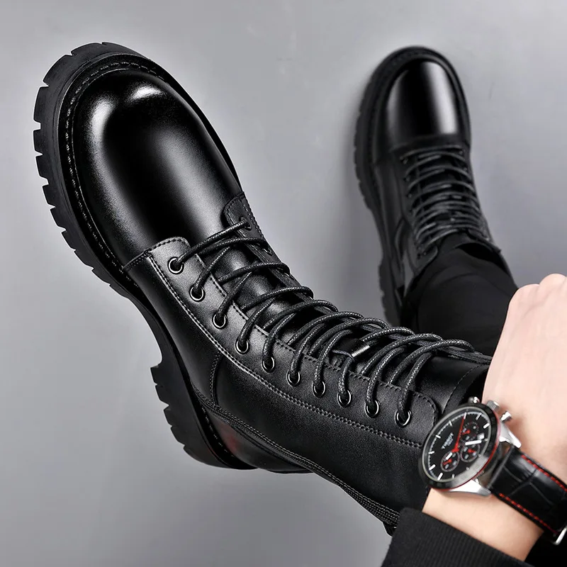 men's fashion high motorcycle boots autumn winter shoes lace-up genuine leather platform boot brand designer long knight botas image 3