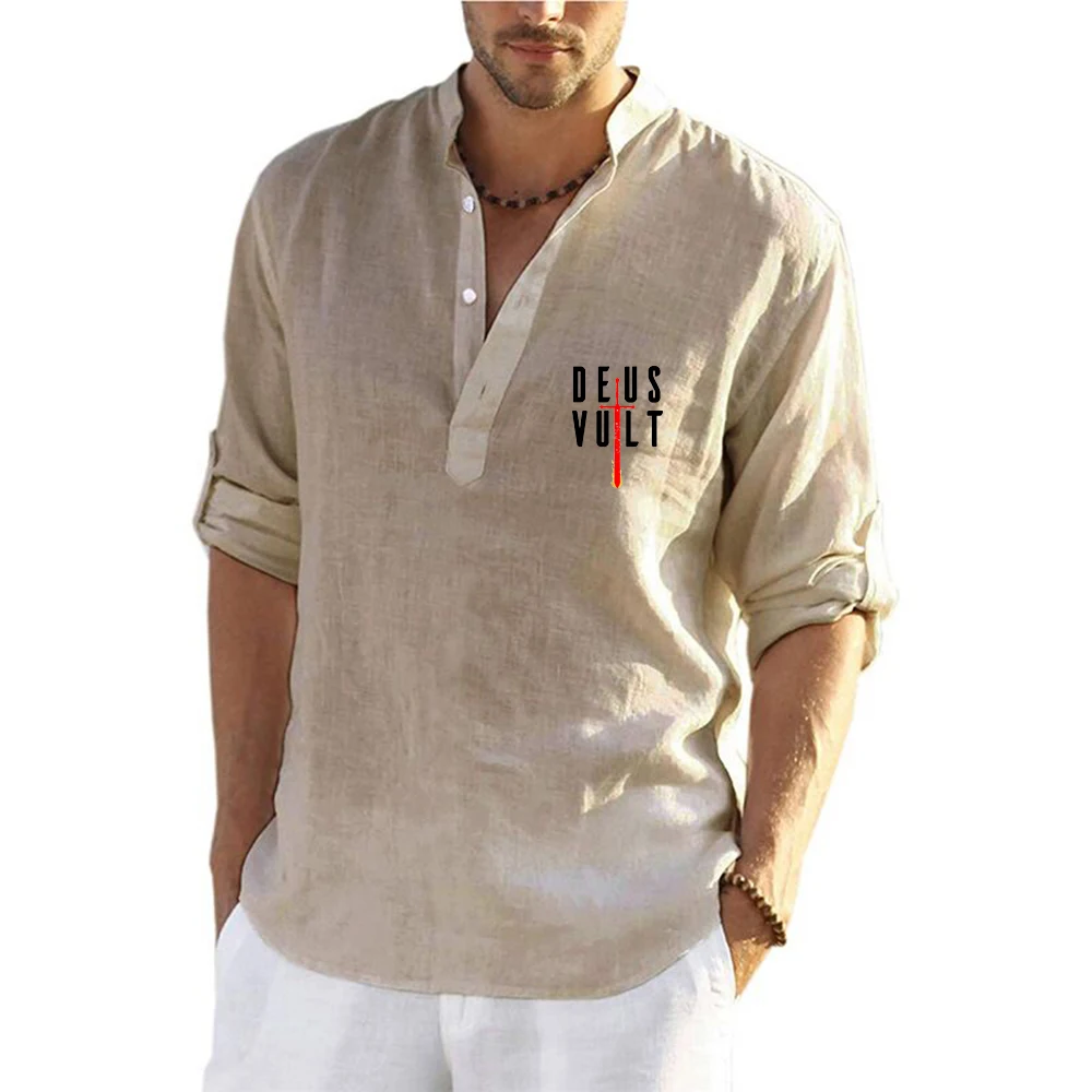 I God Wills It Crusades New Cotton Linen Shirts for Men Casual Shirts Lightweight Long Sleeve Beach Shirts T Shirts