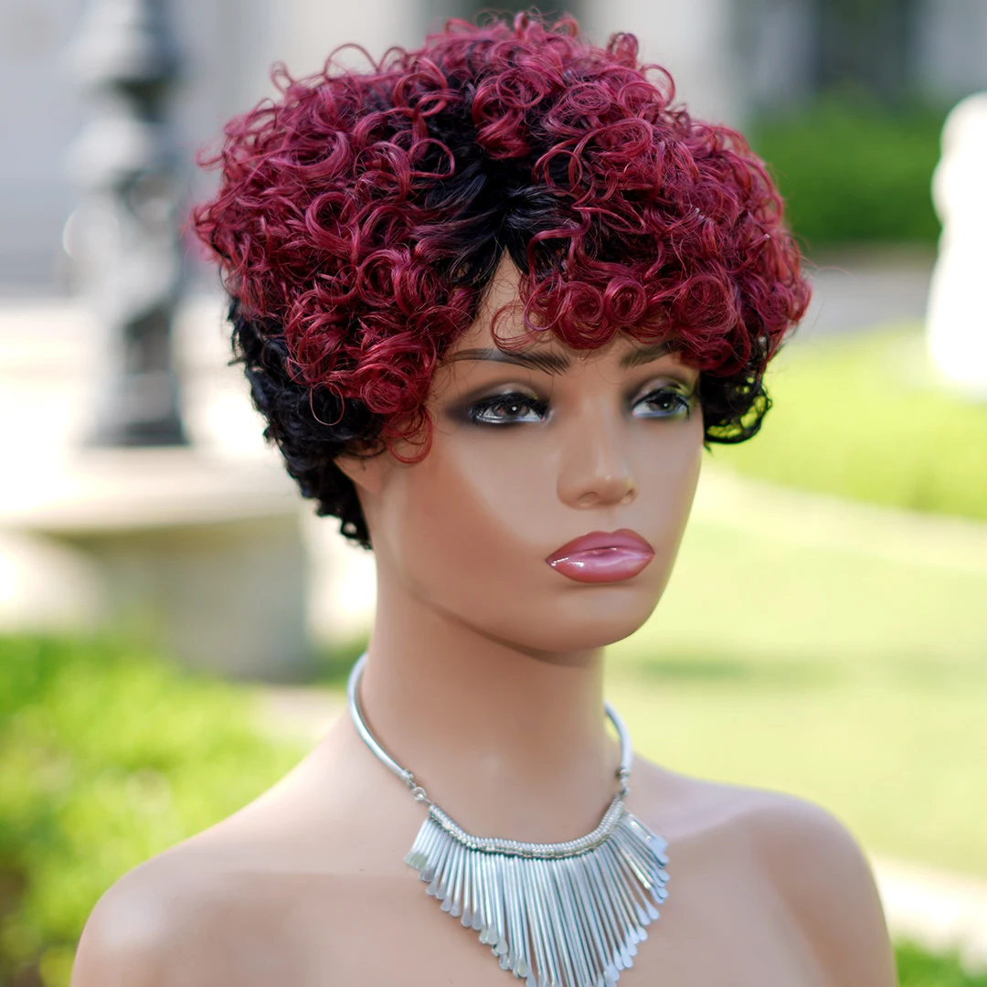 6inch Short Curly Wigs T1B/99J None Lace Front Human Hair Wigs with Bangs 180% Density Machine Made Pixie Cut Curly Wave Wig