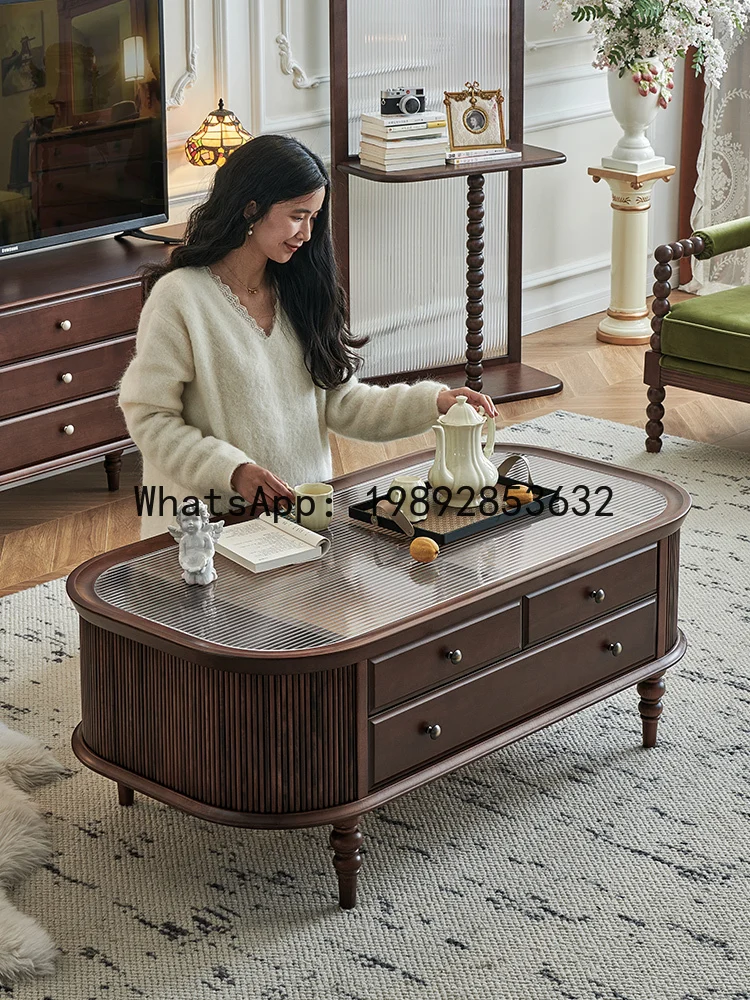 

GZ retro coffee table solid wood oval tempered glass living room rock slab