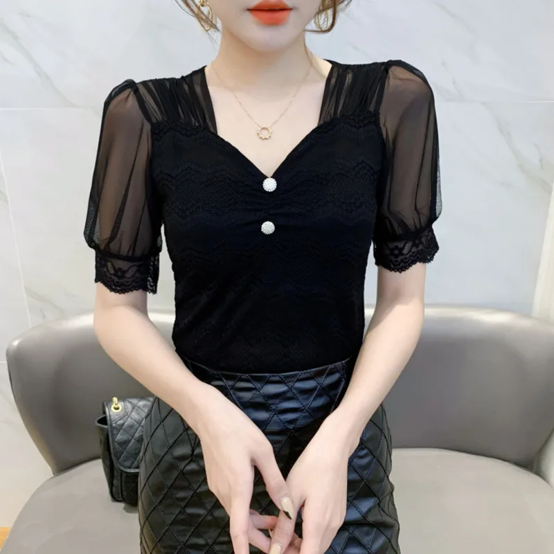 #7144 Black White Short Lace T Shirt Women V Neck Buttons Spliced Mesh Short Sleeve T Shirt Women Top Tight T-shirt Femme Summer