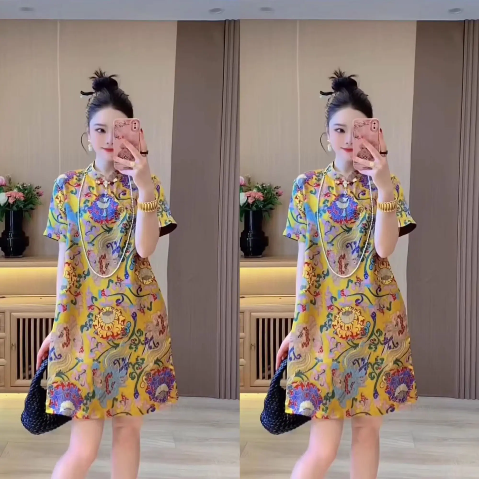 

2025 new chinese ethnic style dress for summer retro stand collar short-sleeved cheongsam dress printed retro style women qipao