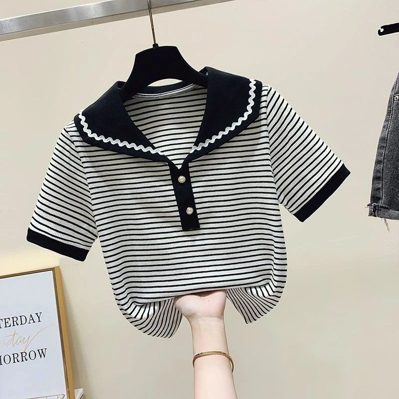 Striped Short Sleeved T-shirt Women\'s Summer 2024 New Slim Contrasting Sweet Doll Neck T-shirt Cotton Korean Short Top